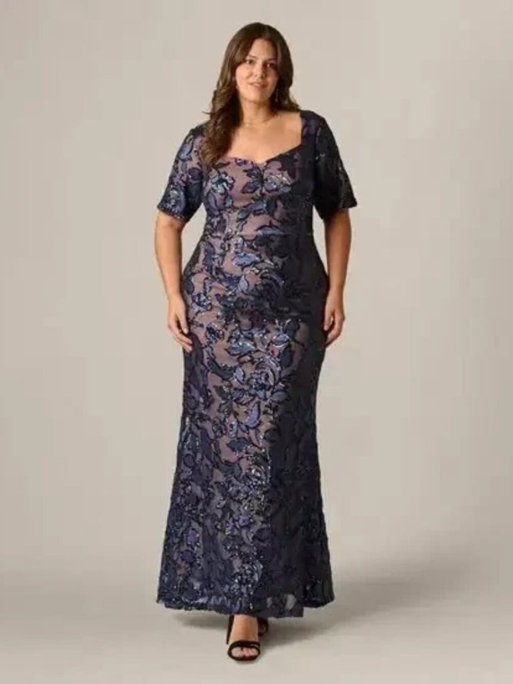 Papell Studio Navy Blue Rose Gold Sequin Embellished Mesh Gown